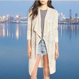 BILLABONG Beige Crochet Knit Duster Cardigan Open Front Coverup Women M VG
